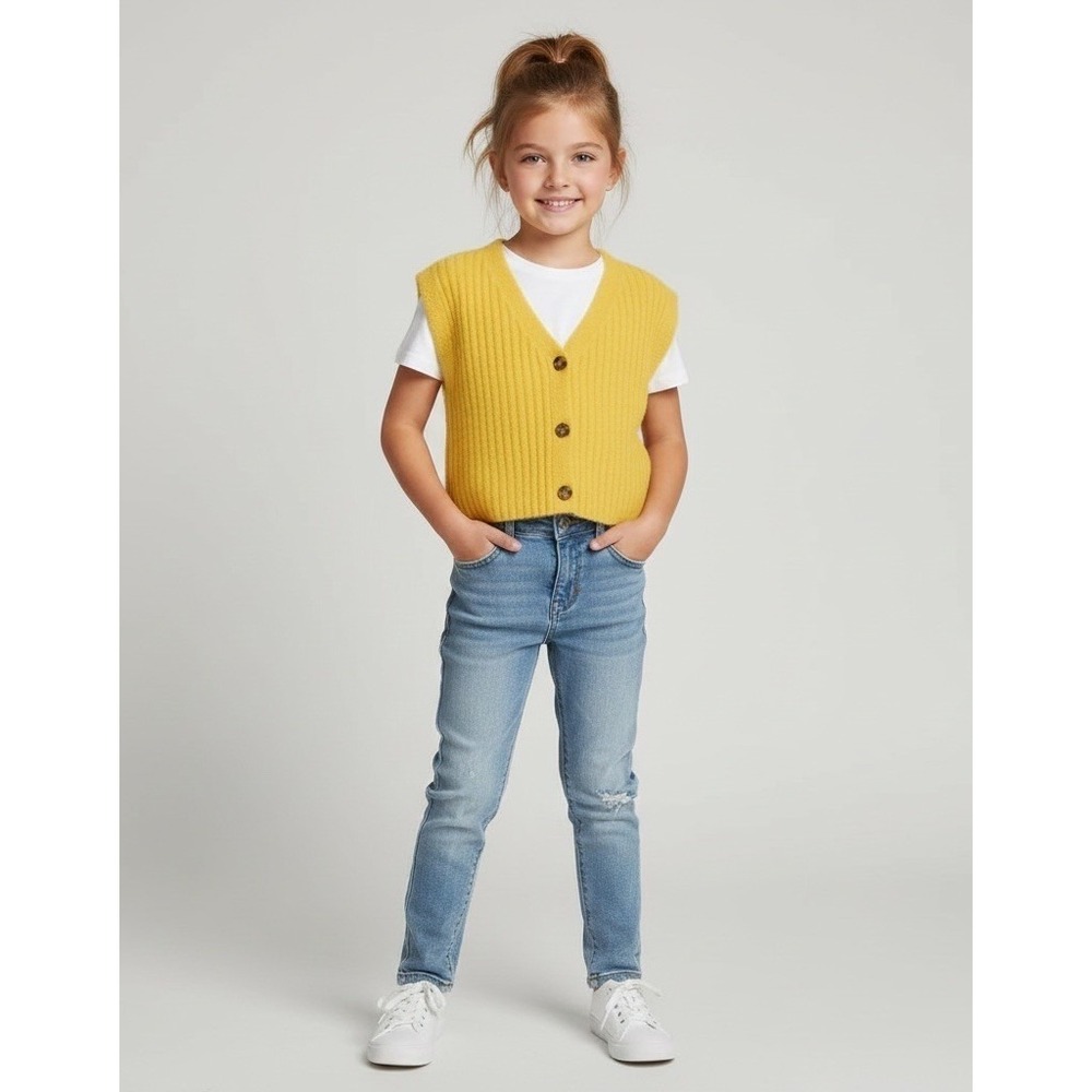Girls‎ Art Class Yellow Ribbed Button Up V-Neck Cardigan Sweater Vest Size M 7/8